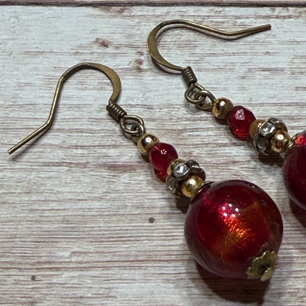 Vintage Murano Glass Sparkling Balls Earrings Ruby Red handmade - Picture 4 of 5